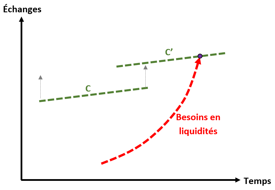 FIGURE 4 – Capacités d’emprunt C et C’ qui créent la limite avec les besoins de liquidité